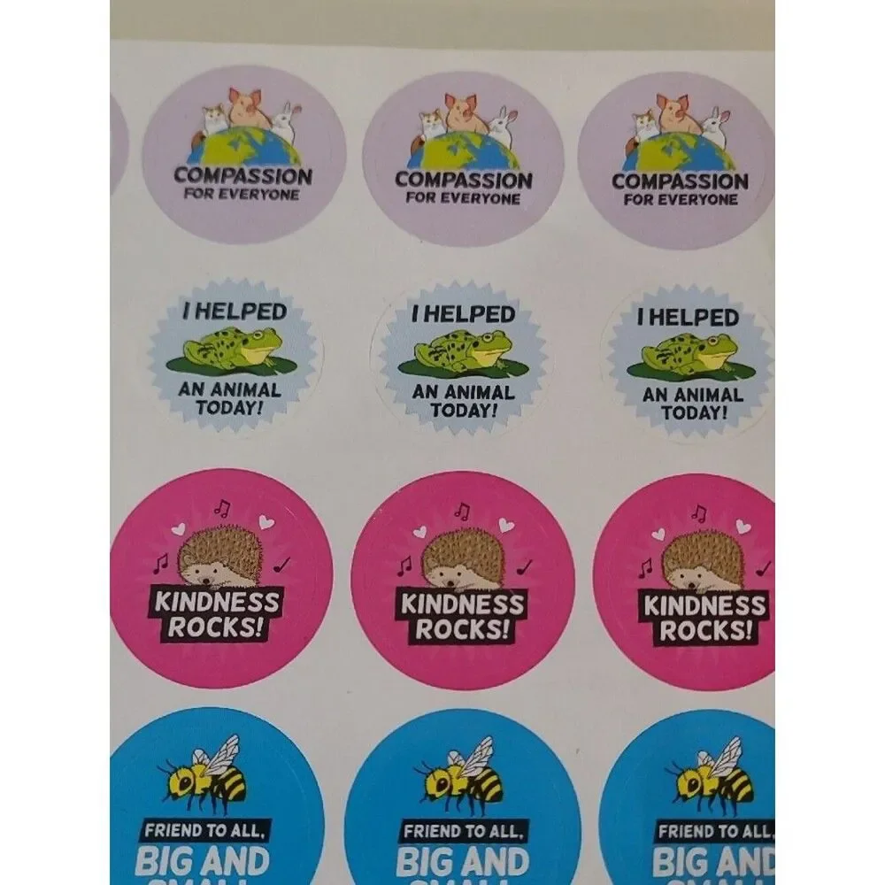 Assorted Kindness & Compassion Reward Stickers Pink, Blue, Yellow, Purple Vegan